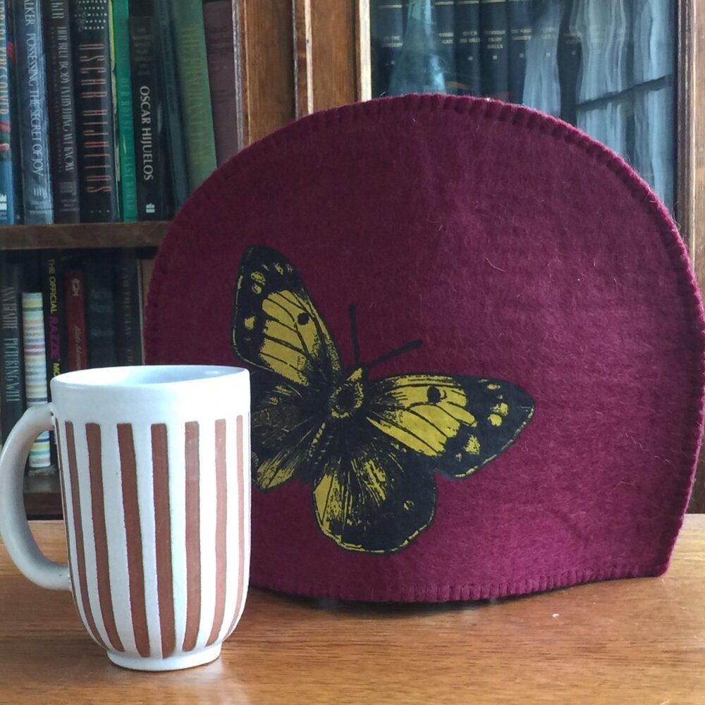 Handmade Tea Pot Cozy Warm Butterfly NEW Artisan Felted Eco-Friendly Wool